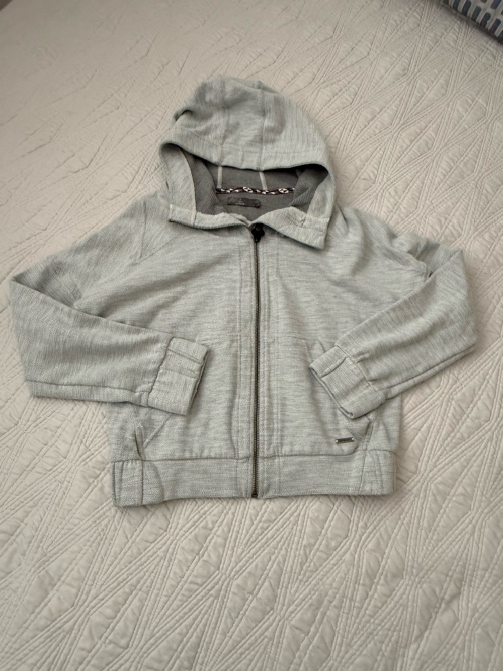Prana Light Gray Hooded Zip Jacket with Patterned Trim